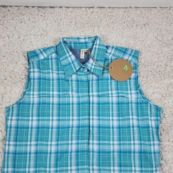 Dakini Plaid Boyfriend Shirt Womens Medium Green Stretch Hidden Side Pocket Snap - Picture 2 of 12